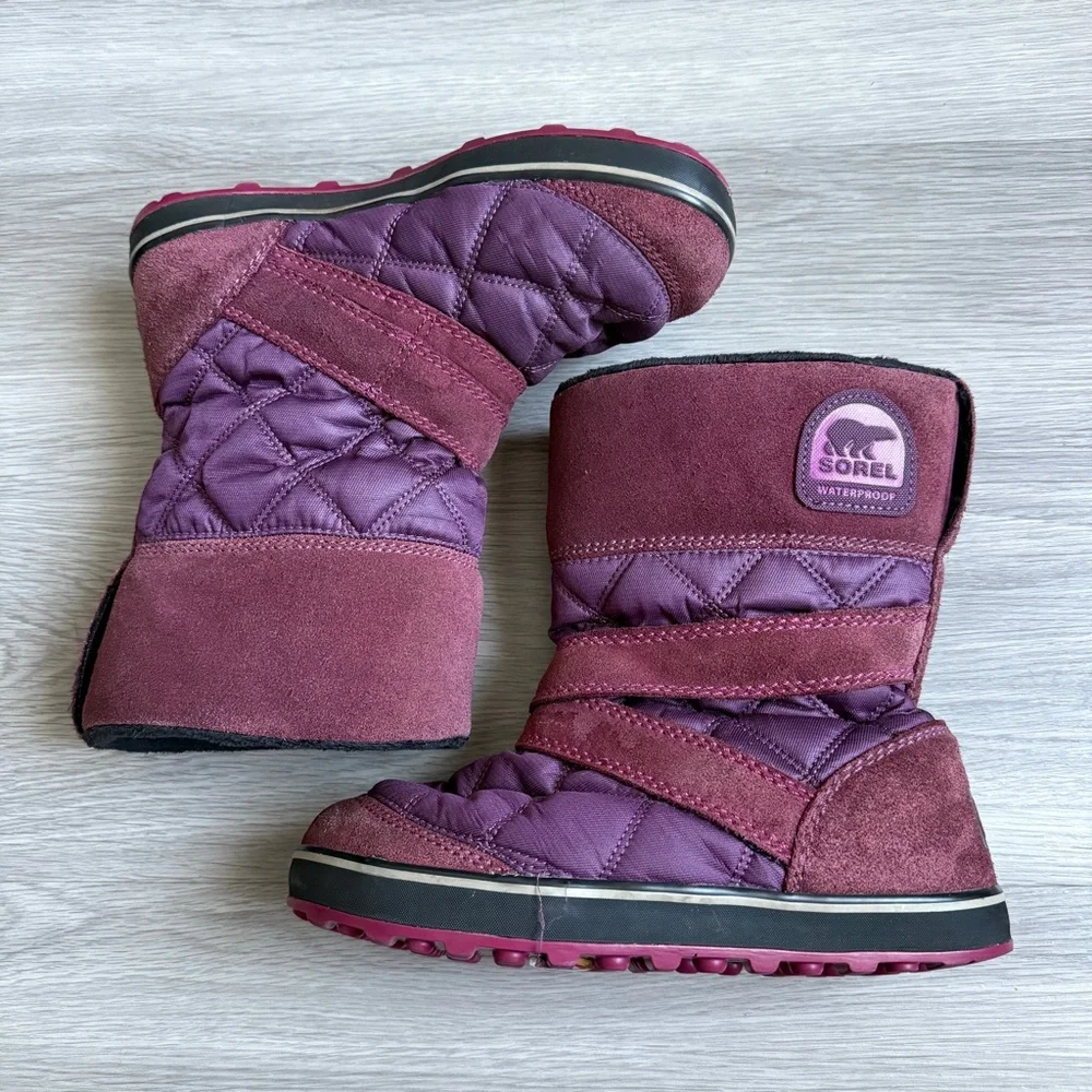 SOREL Glacy Puffy Faux Fur Waterproof Boots Sz 8.5 Plum Suede Harness